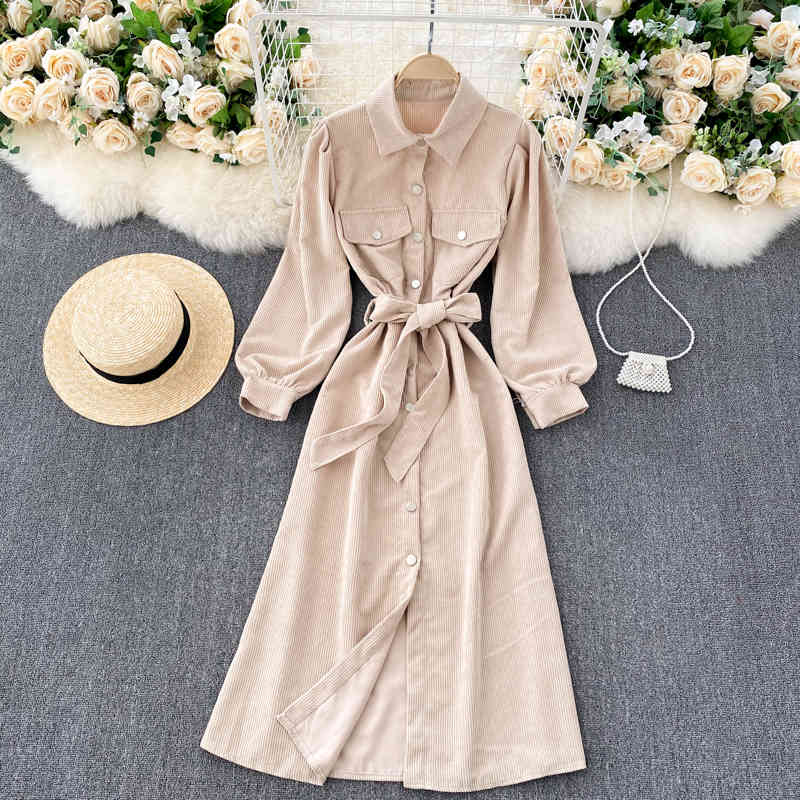LoveFlowerLife Autumn Fashion Streetwear Midi Dress Retro Corduroy Blouse Women Turn-down Collar Single Breasted A-line Dresses 210521