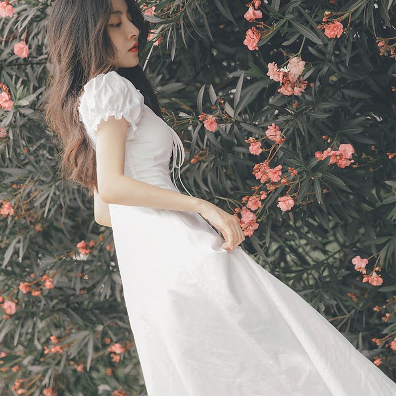 Elegant Fairy Dress Women White French Puff Sleeve Chiffon Dress Korean Japan Style Sweet Vintage Retro Summer Dress 210325