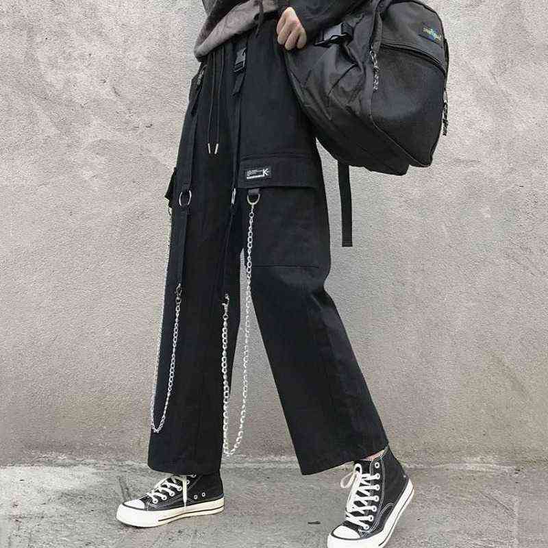 QWEEK Gothic Harajuku Cargo Pant Punk Chain Wide Leg Korean Style Oversized Streetwear Trousers Female Techwear Emo 211124