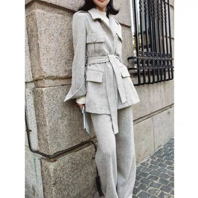 Korea Solid Color Single-breasted Woman Coat Straight Trousers Ladies Office Suit Simple Fashion Autumn Winter B519 210603