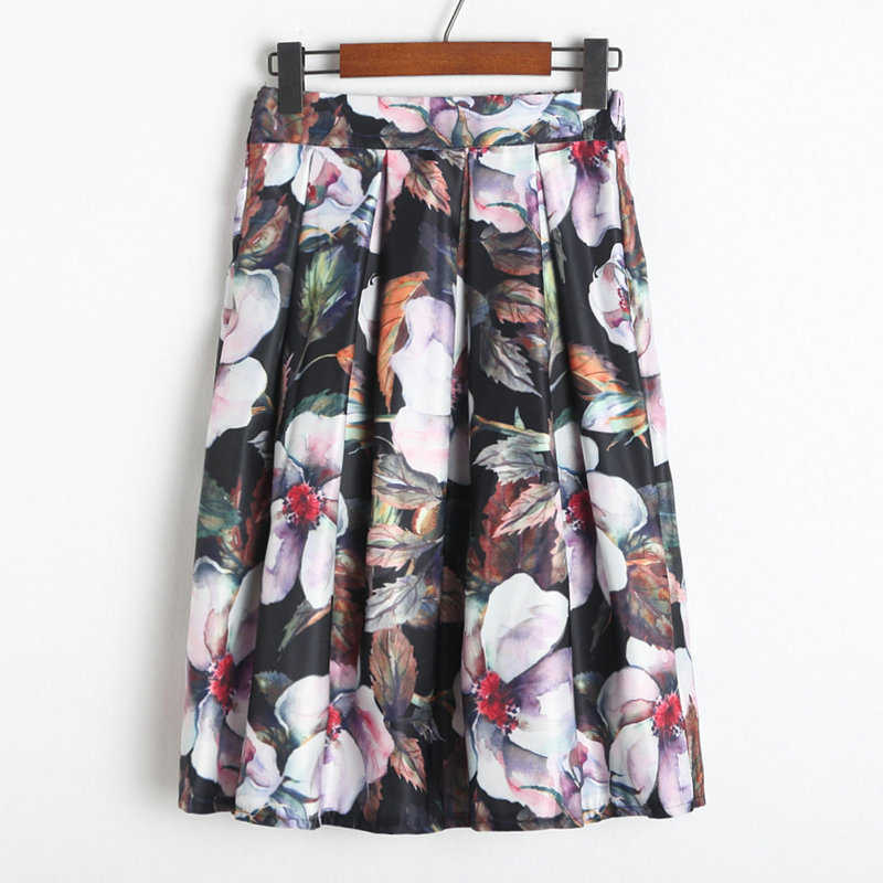 Neophil Fashion Tropical Floral Print High Waist Fluffy Pleated Saias Flare Satin Tutu Midi Skater Skirts Womens S07047 210619