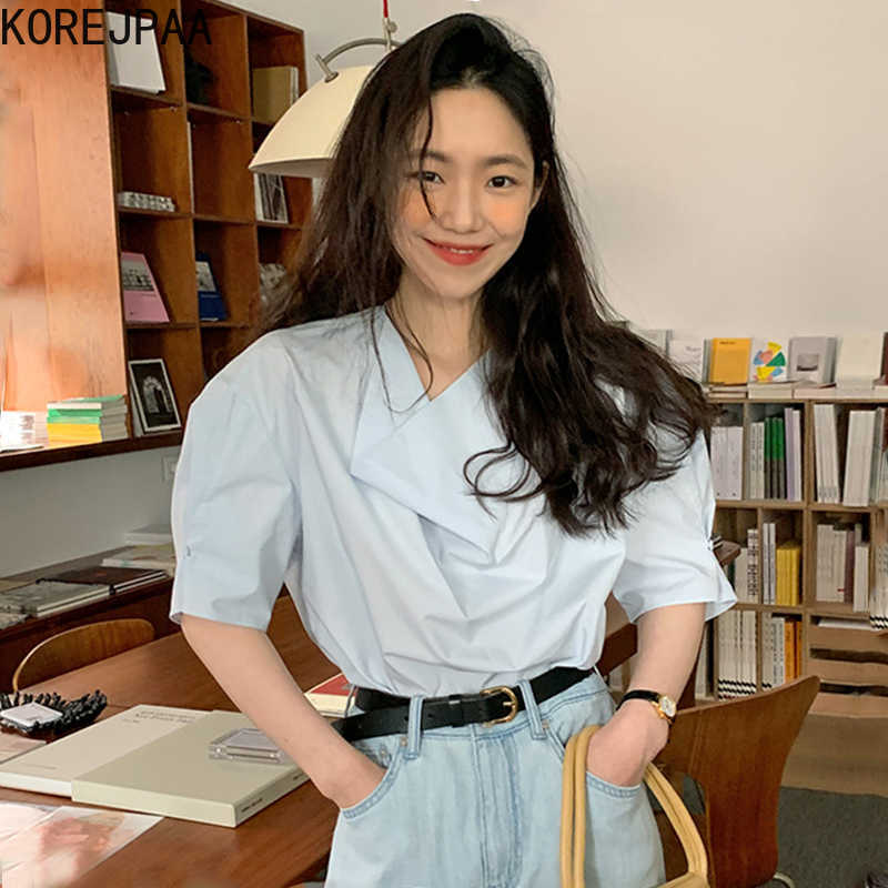 Korejpaa Women Shirt Summer Korean Chic All-Match Slant Collar Wrinkled Design Loose Solid Color Casual Puff Sleeve Blouses 210526, Blue
Korejpaa Women Shirt Summer Korean Chic All-Match Slant Collar Wrinkled Design Loose Solid Color Casual Puff Sleeve Blouses 210526, Blue
