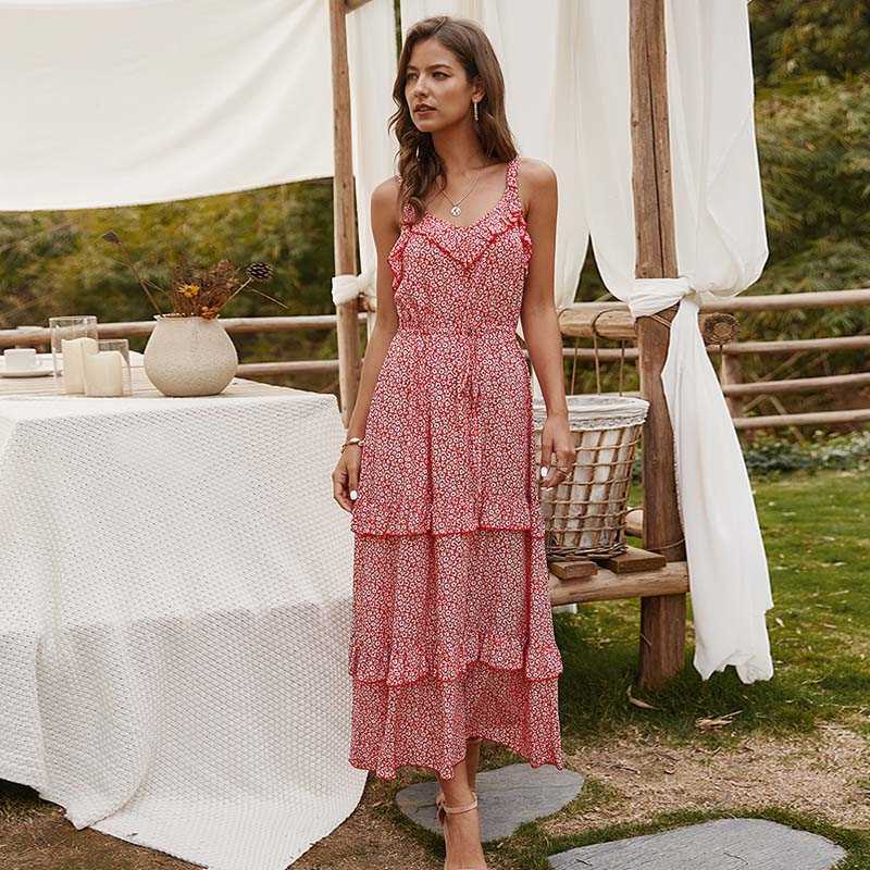 Fashion Bohemian Summer Women Dress Sexy V-Neck Sleeveless Cascading Ruffle Cake Long Beach Lady Dresses Vestidos W512 210526, Yellow 
Fashion Bohemian Summer Women Dress Sexy V-Neck Sleeveless Cascading Ruffle Cake Long Beach Lady Dresses Vestidos W512 210526, Yellow
