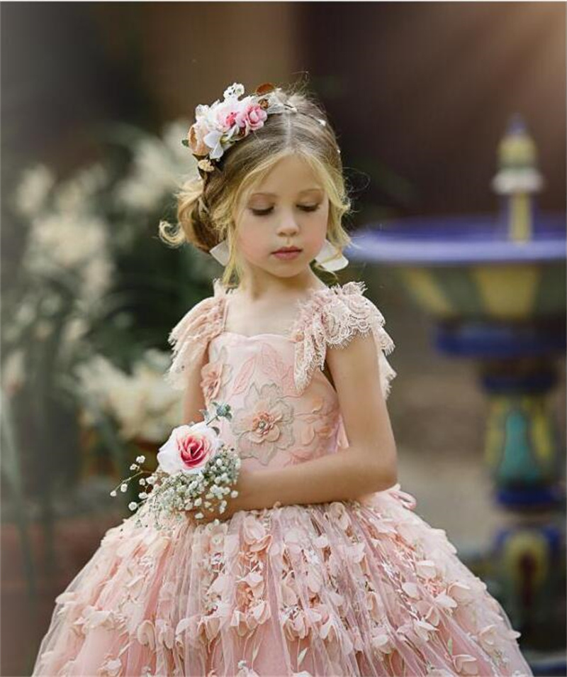 Cute Pink Flower Girl Dress Lace Appliques Floral Back Cross Strap Custom Made Birthday Gowns Floor Length Pageant First Communion Dresses
