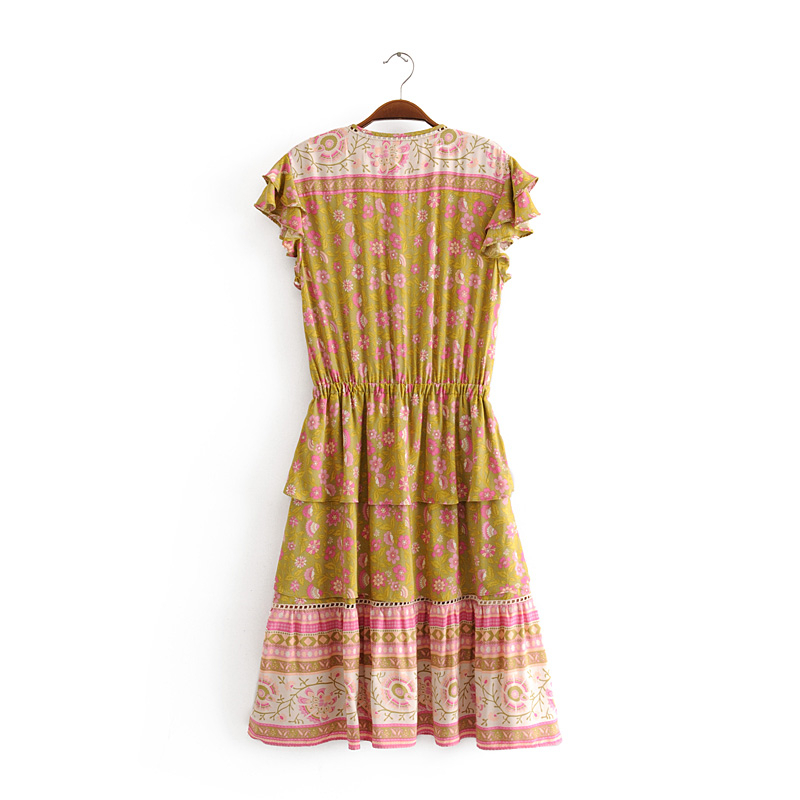 beauty Holiday Chic Floral Print Midi Dress Women Boho Style Fashion Cascading Ruffle Hollow Out Dresses Female 210514