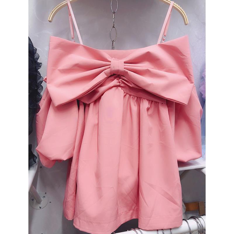 Nomikuma Sweet Bowknot Sling Blouse Shirt Puff Sleeve Strapless Korean Women Tops Summer New Blusas Mujer De Moda 6H365 210427