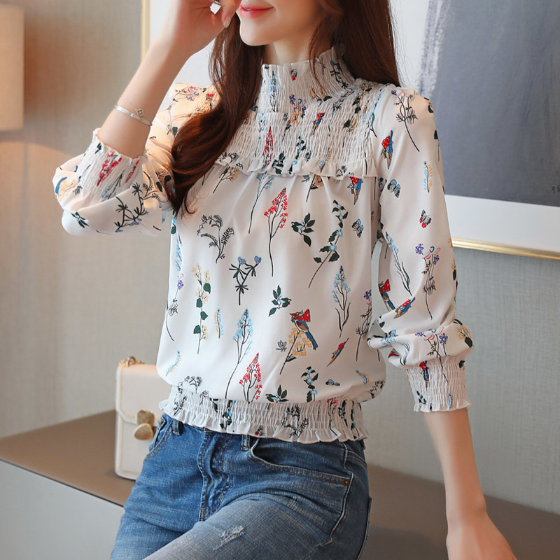 White Long Sleeve Printing Women Blouse Tops Plus Size OL Vintage Pullover Chiffon Shirt Camisas Mujer 6956 50 210506