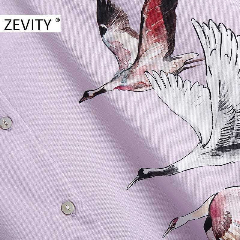 Zevity Women Vintage Crane Print Color Match Casual Smock Blouse Office Lady Turn Down Collar Shirts Chic Blusas Tops LS7270 210603