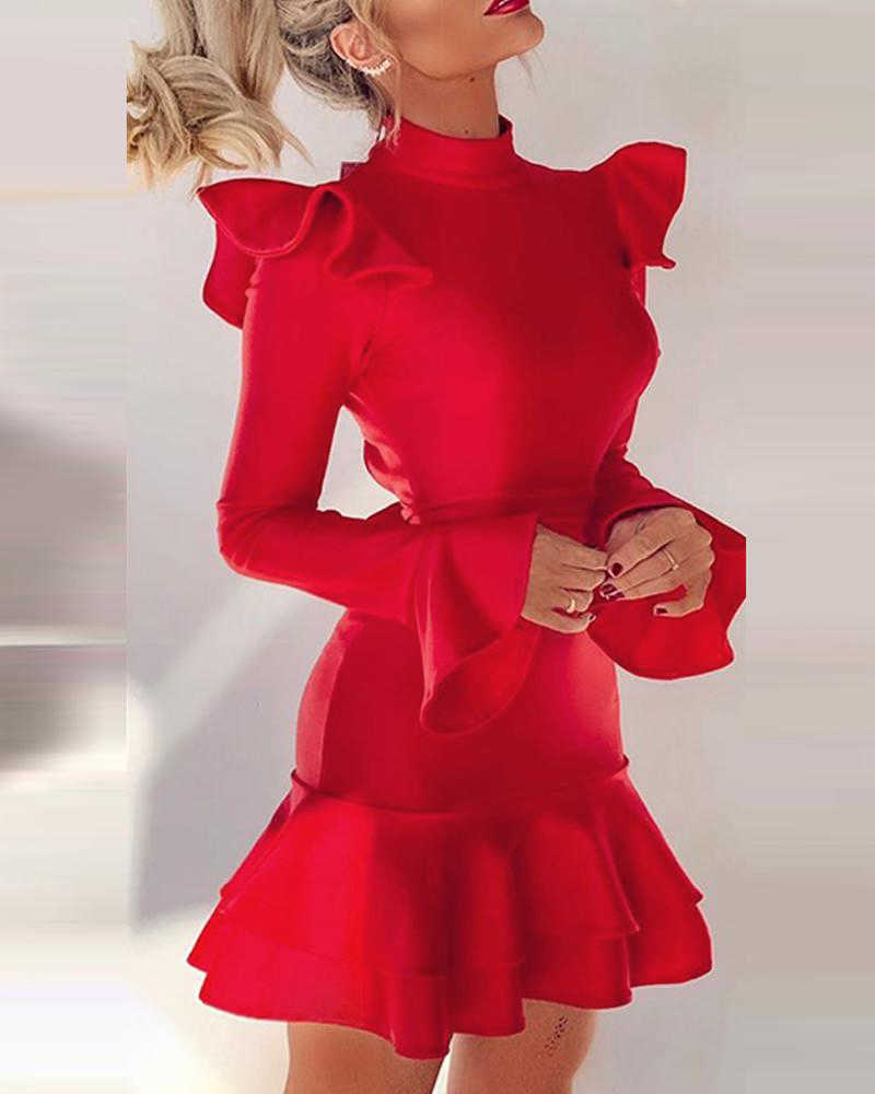 Fashion Women Sexy Backless Dresses Long Sleeve Mini Red Nightclub Dress Ruffle Hem Flare Sleeve Lace-up Back Party Dress 210716