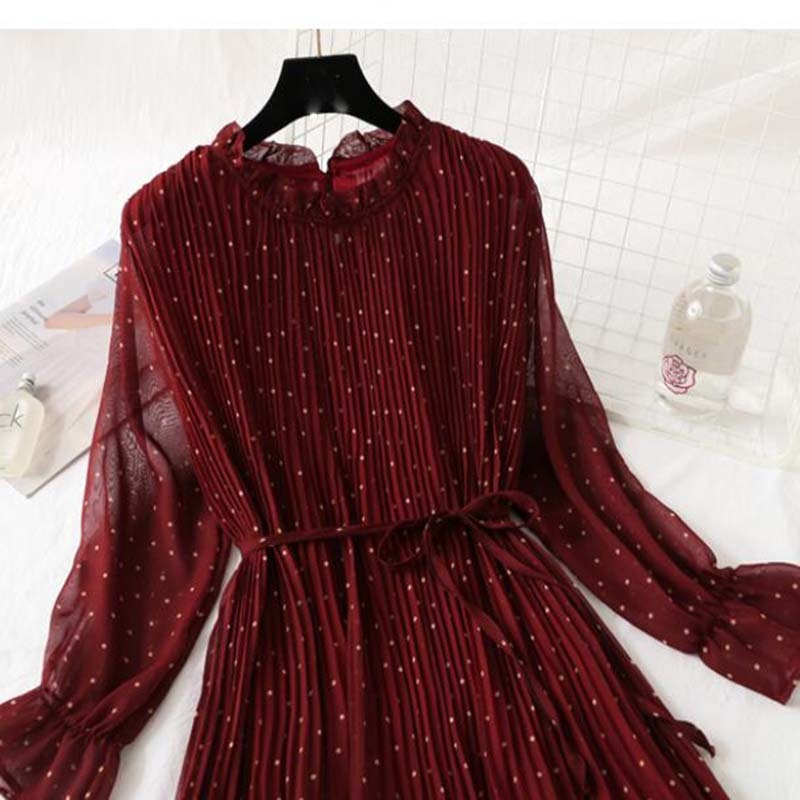 Women Print Pleated Chiffon Dress Spring Summer Fashion Female Casual Flare Sleeve Lotus Leaf Neck Basic Dresses 210521