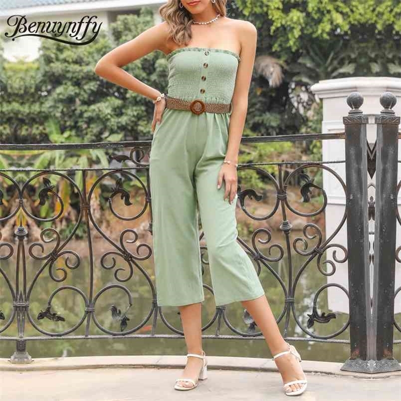 Solid Button Front Frill Trim Tube Jumpsuits with Belt Summer Women Casual High Waist Sleeveless Capris Jumpsuit 210510