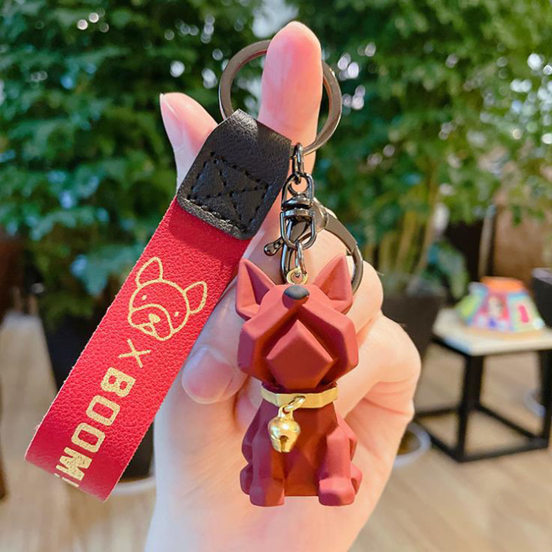 Punk French Keychain PU Leather Cute Dog Keychains for Women Bag Pendant Jewelry Trinket Men Car Ring Key Chain