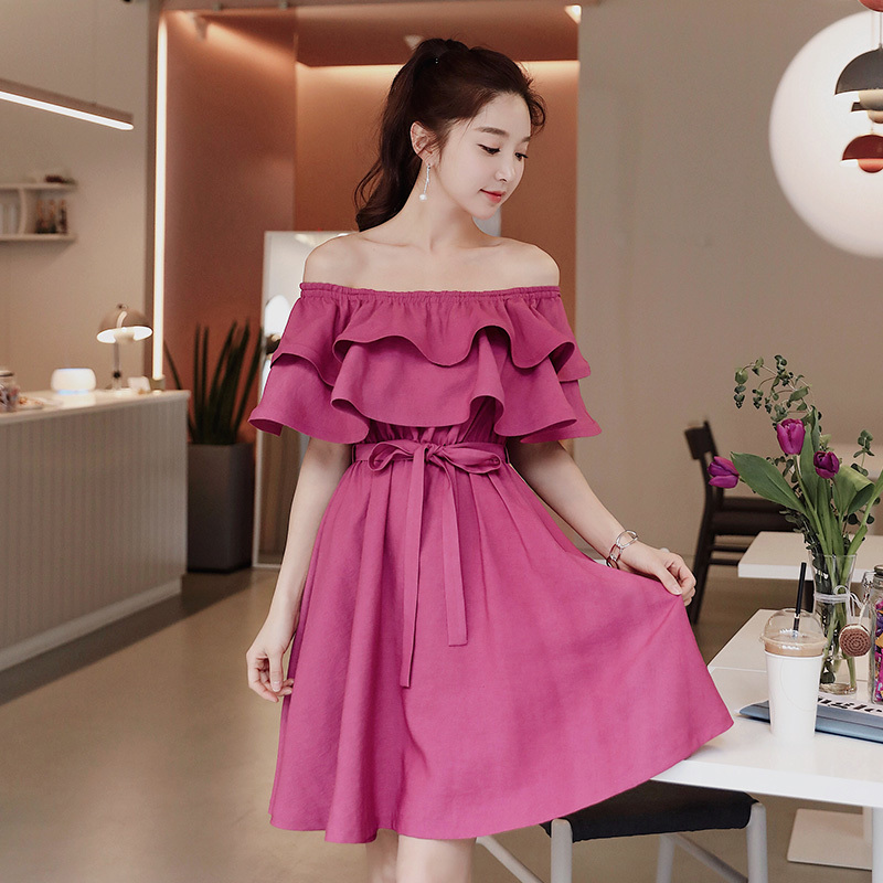 Dabuwawa Foldover Front Off Shoulder Pleated Dress Women Solid Ruffle High Waist Dresses Female Glamorous Summer DN1BDR037 210520