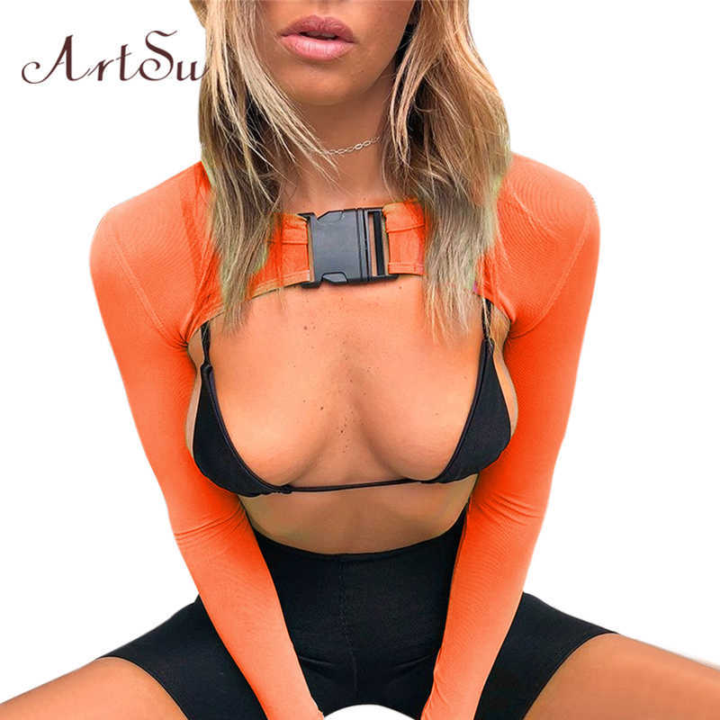 ArtSu Mesh Shirts Long Sleeve Crop Top Neon Green Black Transparent Sexy Buckle Top Tee Shirt Femme Tshirts Women ASTS20768 T200525