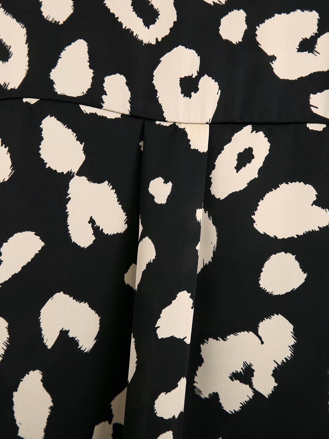 Elegant Lapel Black Beige Leopard Print Mid Long Silk Shirt Retro Woman sleeve OL Blouse Satin Tops Blousas 210429