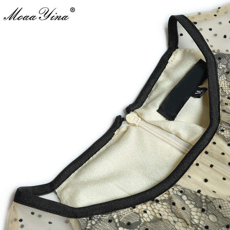 Fashion Runway Summer Elegant Party Dress Women polka dot Print Short sleeve Gorgeous Lace Splicing Mesh Midi 210524