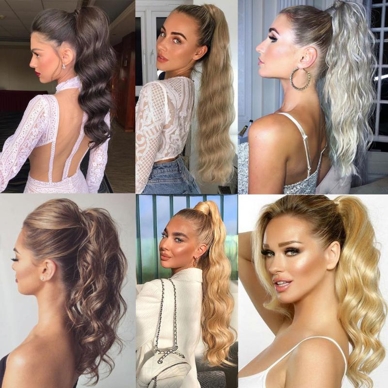 Synthetic Wigs women Golden Hollywood Wavy Wrap Ponytails Clip-in Around Long Ponytail Suitable For White And Black Ladies