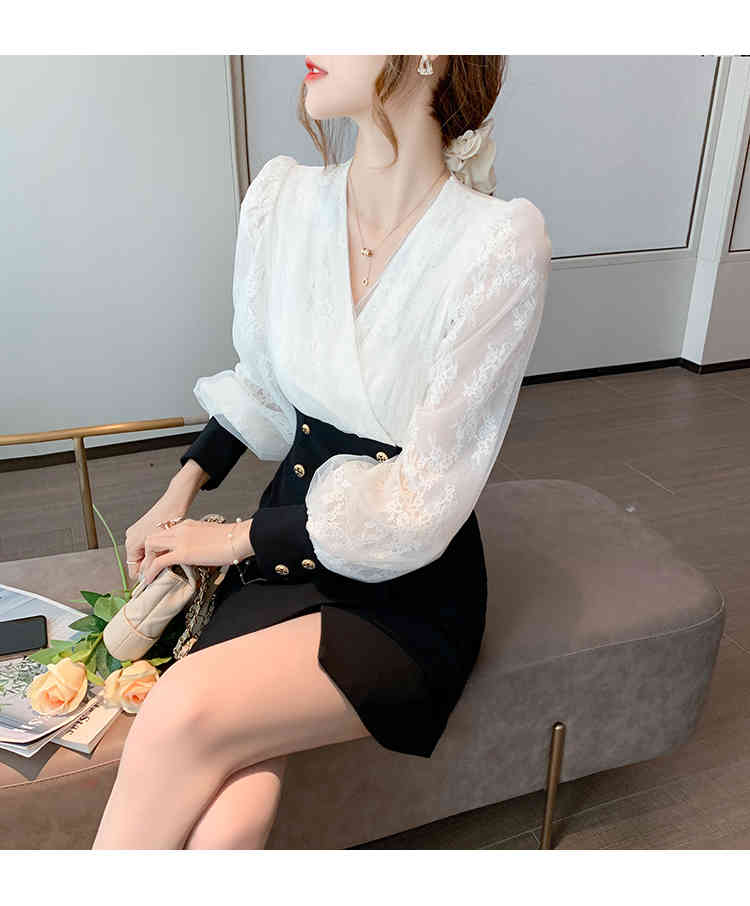 Autumn Women Vintage white Lace Patchwork Mini Dress Elegant Office OL double-breasted Slim Dress Woman Vestidos 210518