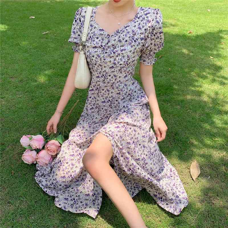 Summer Sexy V-Neck Puff Sleeve Flower Print Chiffon Dress Bodycon Women Chic Slim Waist Split Midi Dresses Vestidos 210518
