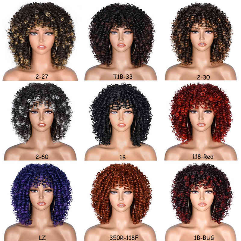 Hairpiece Short Afro Kinky Curly Wigs with Bangs for Black Women Synthetic Wig Natural Blond Honey Brown Cosplay Lolita 0121