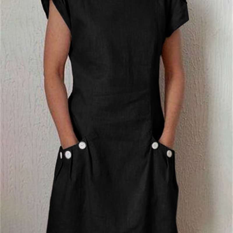 Women Dress Solid Short Sleeve Cotton Linen Loose Casual Ladies es Plus Size Summer es Black Orange 210513