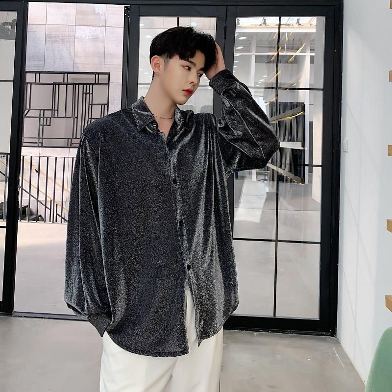 M-XL!Spring Designer Custom Silver Fabric Drape Loose Elegant Shirt Tide Brand Men's Chic Long-sleeved Shirt. Casual Shirts