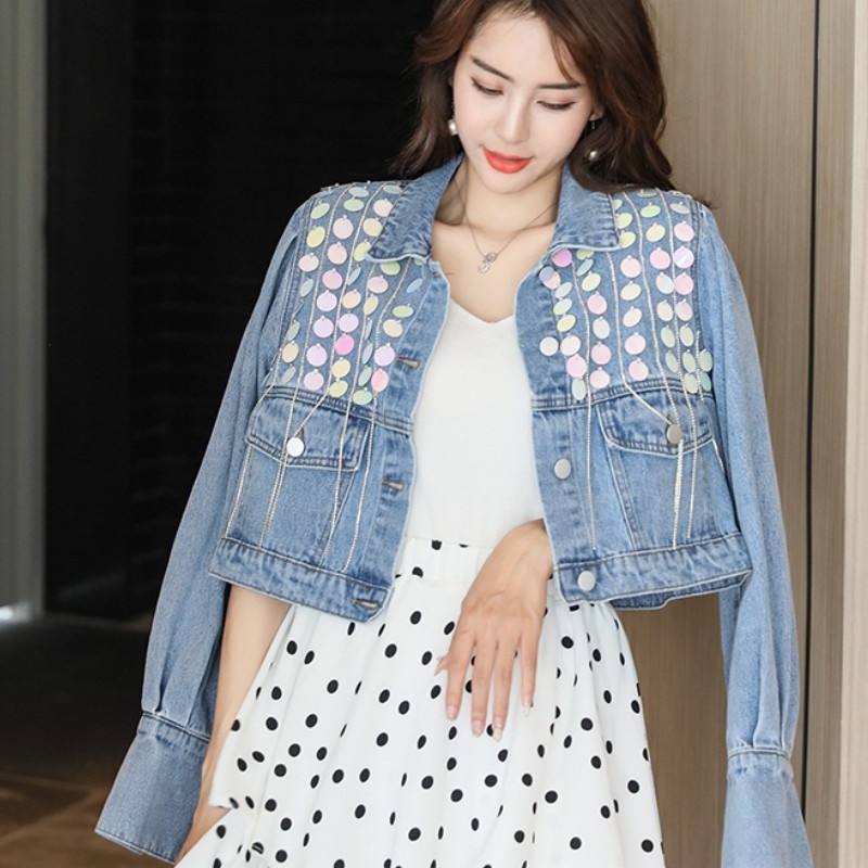 Spring Women Elegant Fashion Denim Jacket Womens Streetwear Sequined Tassel Long Sleeve Short Outerwear Female 210519