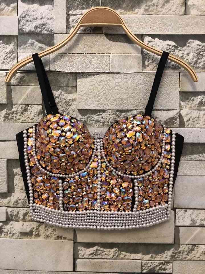 Sexy pearl beading Squined Top Rave Festival Glitter Bustier Silver Tank Party Night Club Handmade Vest Diamond Bra 210421