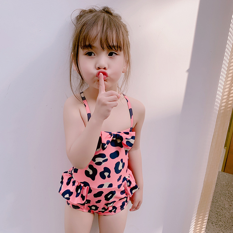 Women's Swimwear Cute Leopard Pattern Bow Small and Medium-sized Girl Baobikini One-piece Children's Swimsuit