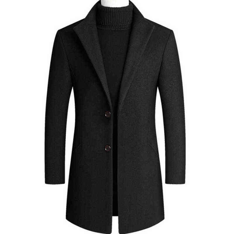 Men Woolen Trench Coat Autumn Winter Mid Long Wool & Blends Jacket Casual Men's Woolen Coat Grey/Black/Wine Red 211122