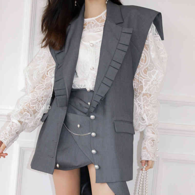 Elegant Solid Coat For Women Notched Sleeveless Patchwork Hollow Out Backless Slim Coats Female Spring Fashion 210524