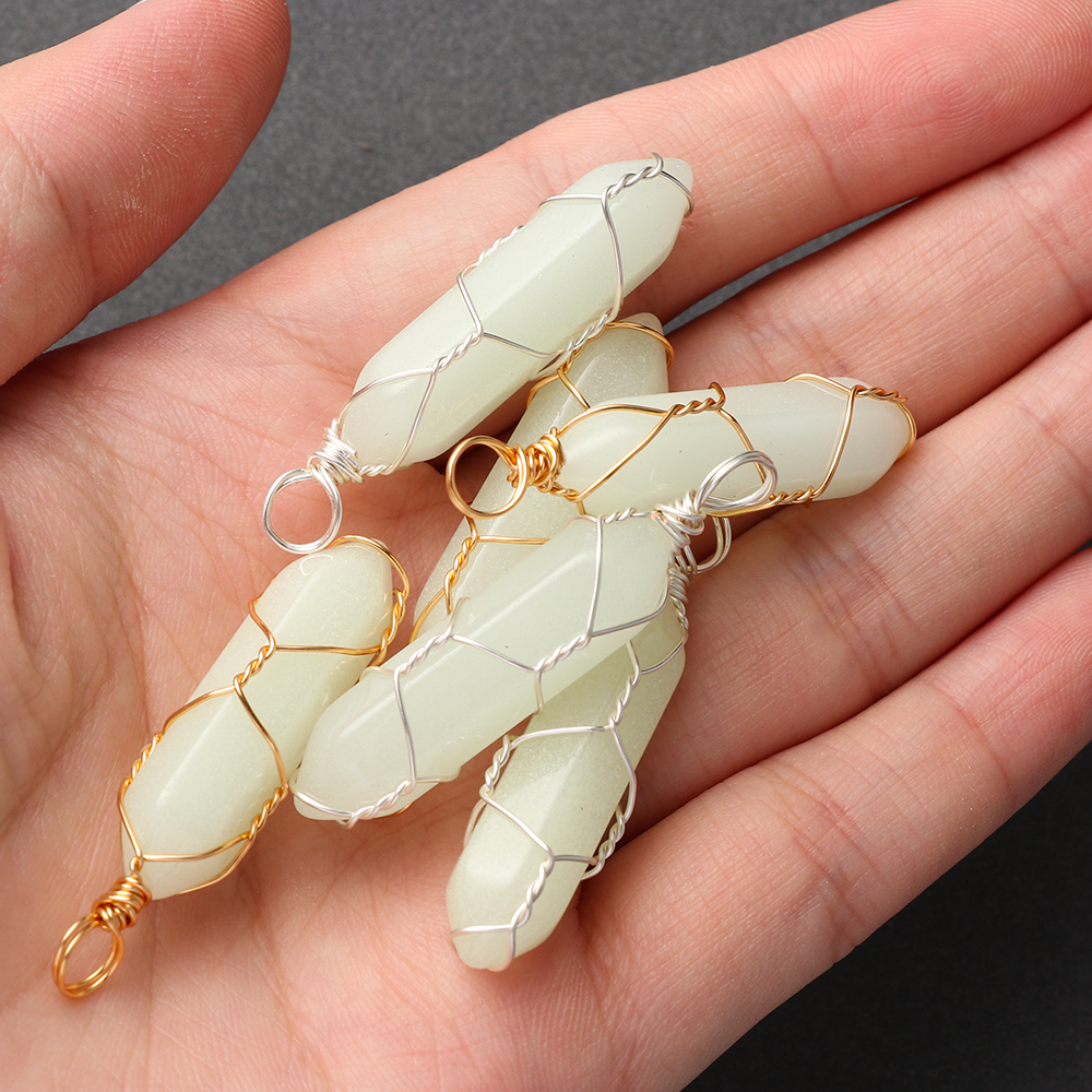 Hexagonal Cylindrical Crystal Necklace Glow In The Dark Luminous Wire Wrap Stone Pendant Necklace Jewelry Gift for Women Men