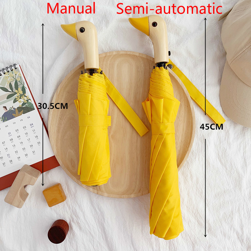 Semi-Automatic Sun Umbrella Cute Duck Head Wood Handle 8k 2 Folding Windproof Black Coating UV Protection Women Rain Umbrellas 210320