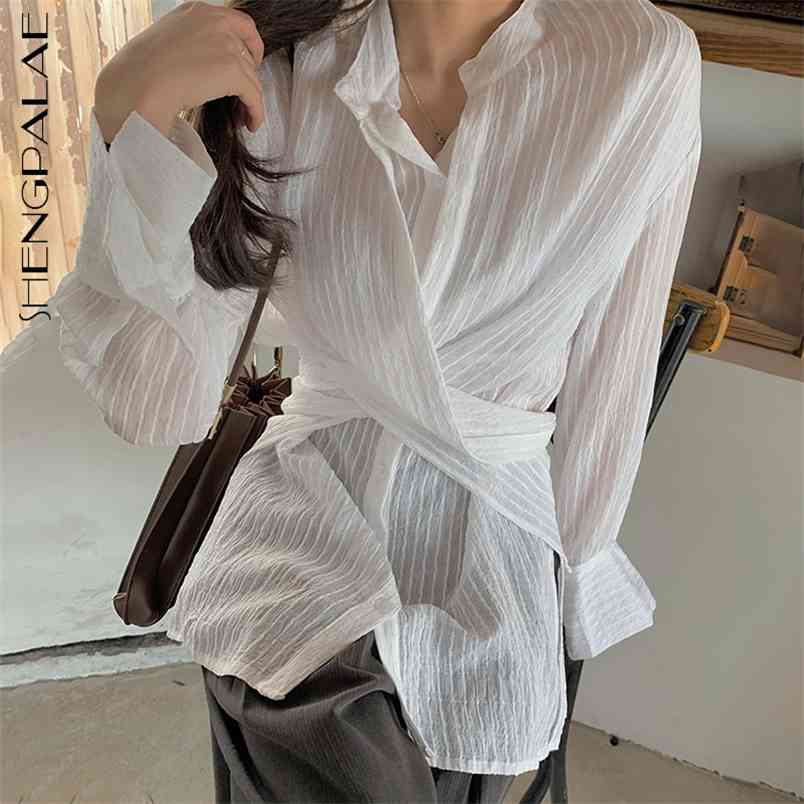 Minimalist Cross Waist Stripe Chiffon Blouse Women's Spring Laple Loose Long Sleeve Shirt Female Tide 5C394 210427