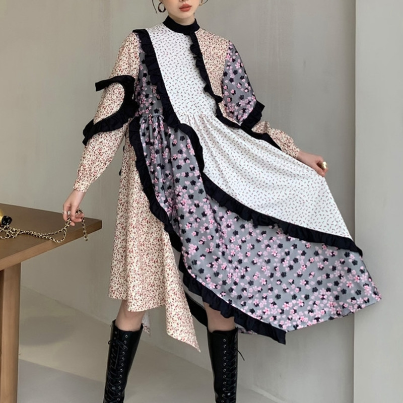 LANMREM New Spring Autumn Dress Women Long Sleeve Plus Size Patchwork Printed Flower Dresses Ladies Party Clothes 2A3301 210325