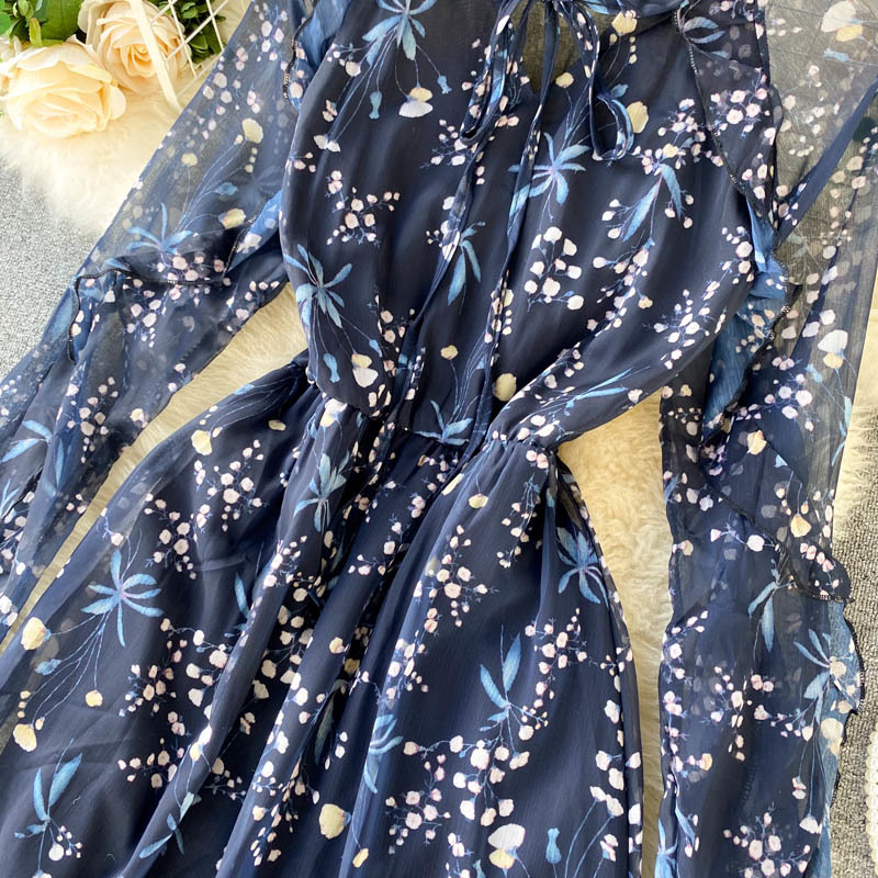 Aibeatuyer Spring Women Elegant Puff Sleeve Ruffles Hem Lace Up O Neck Print Dresses High Waist Blue Ladies Party Dresses 210521