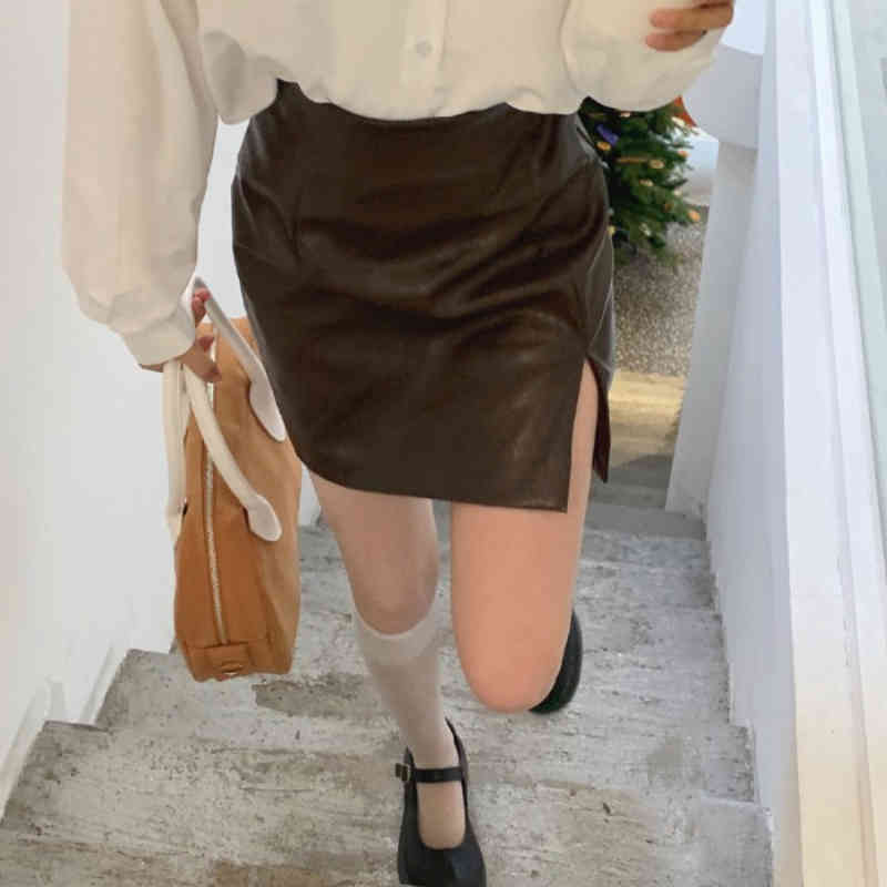 Nomikuma Sexy Split PU Leather Skirts Womens Summer New High Waist Skirt Korean Fashion Faldas Largas Mujer 6G949 210427