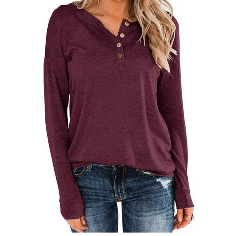 Plus Size Long Sleeve Women T-Shirts Casual Solid Color V Neck Buttons Loose Female Tee Tops Autumn Spring Pullover T Shirts 210526