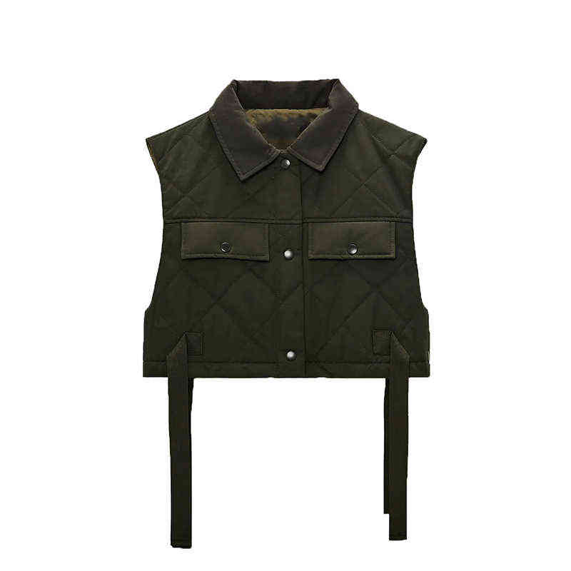 Stylish Chic Green Pocekts Quilting Cropped Vests Women Fashion Side Buttons Tie Turn-down Collar Waistcoat 211120