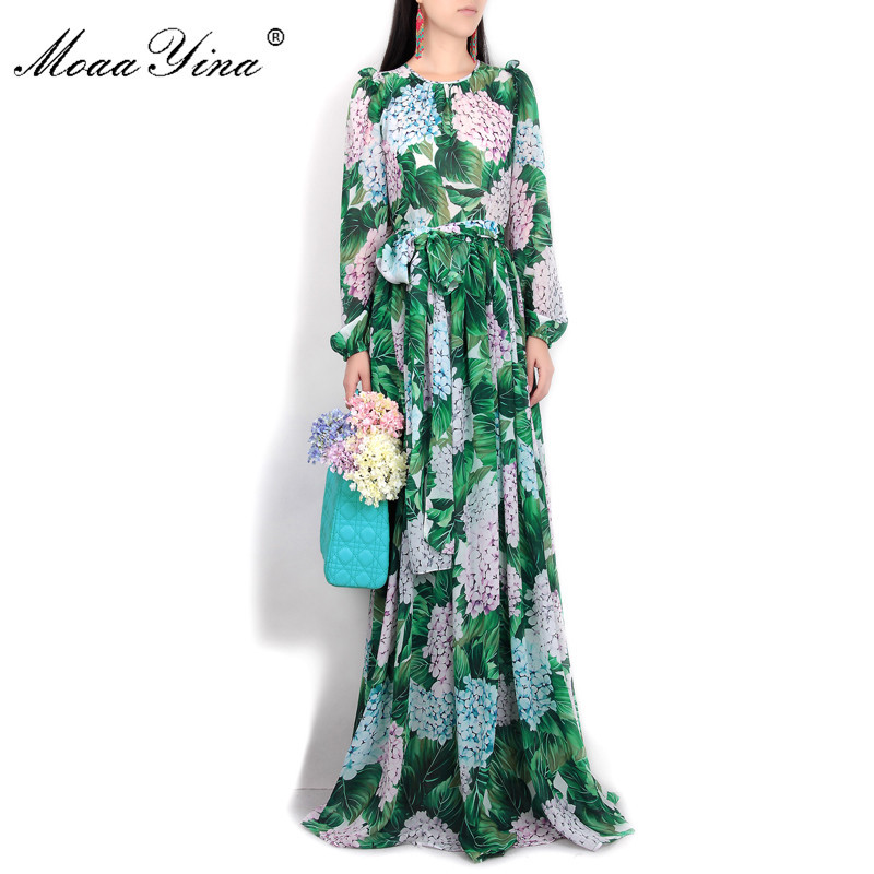 Summer Runway Maxi Dress Women's Long Sleeve Casual Bohemian Party Holiday Green Leaves Floral Printed 210524