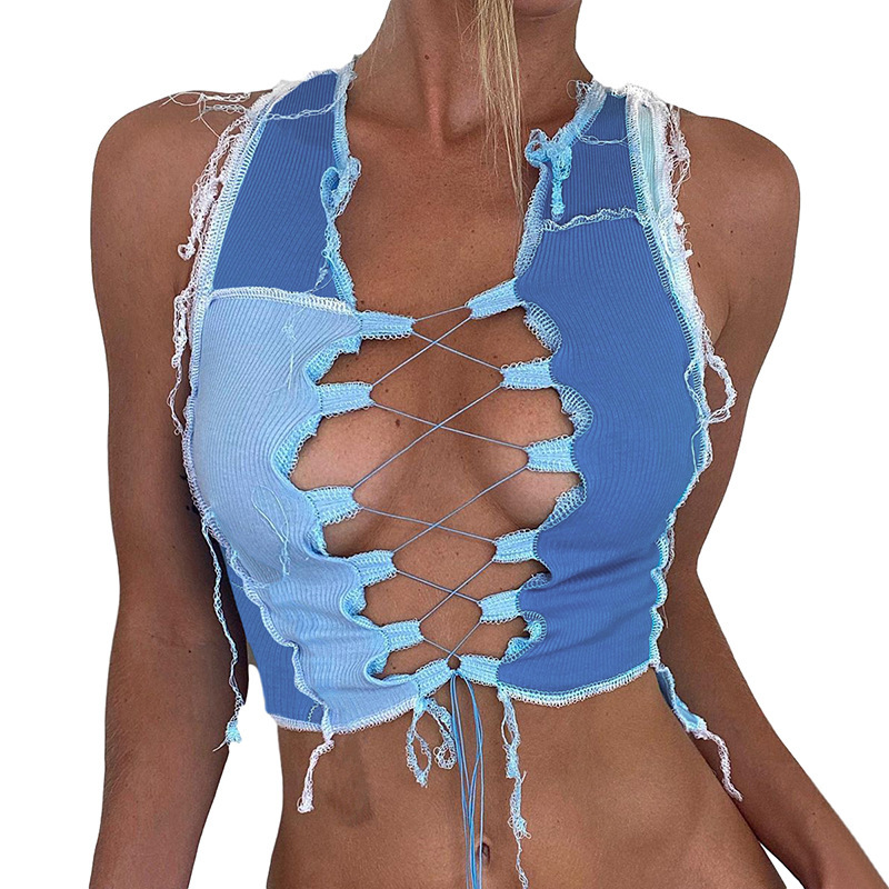 Women Camisole Sexy Bandage Cut Out Hole Crop Tops Summer Chic Punk Style Ribbed Knitting Tank Top Club Party Female Tee 210515