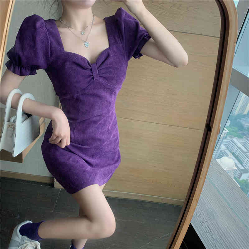 Dresses Summer Retro Fashion Chic Temperament Square Neck Puff Sleeve Wrap Hip Purple Dress Women Mini Vestido De Mujer Sexy 210429