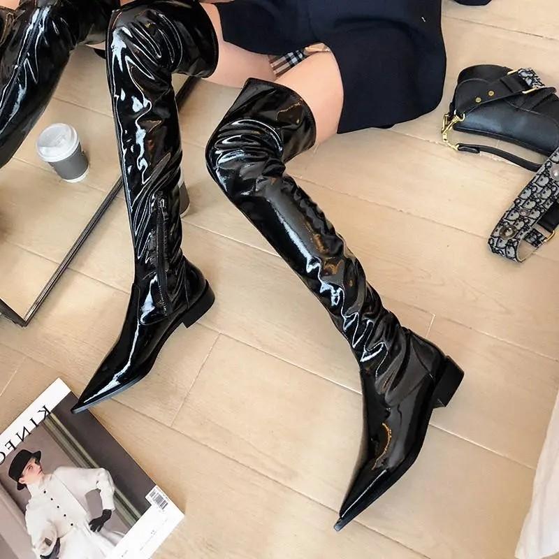 Boots 2021 Fashion High Quality Genuine Leather Pointed Toe Thigh Stretch Patent Over The Knee Women