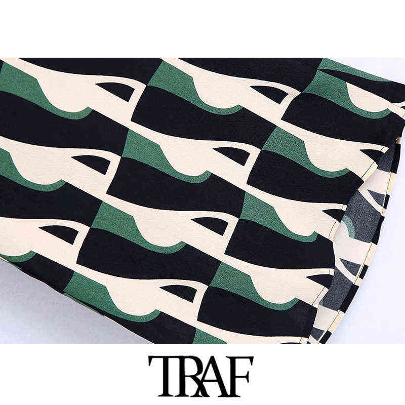 TRAF Women Fashion Side Pockets Printed Flared Pants Vintage High Elastic Waist Zipper Fly Female Trousers Mujer 211124Z