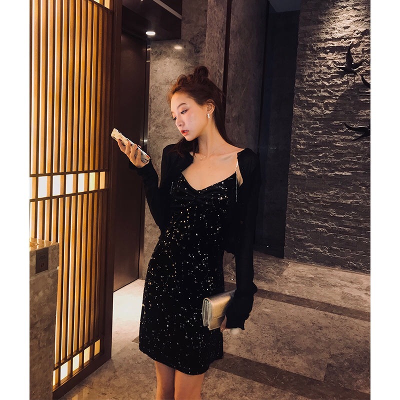 black dress vntage party mini spaghetti dinner es ssexy night club chains strap star velvet for women vestidos 210421