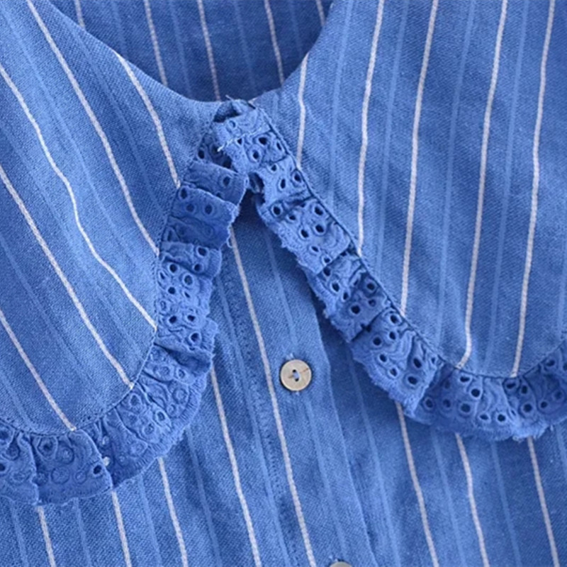 Women Chic Summer Stripe Blue Shirt Vintage Single Breasted Fashion Peter Pan Collar Puff Sleeve Blouse Female Tops 210521