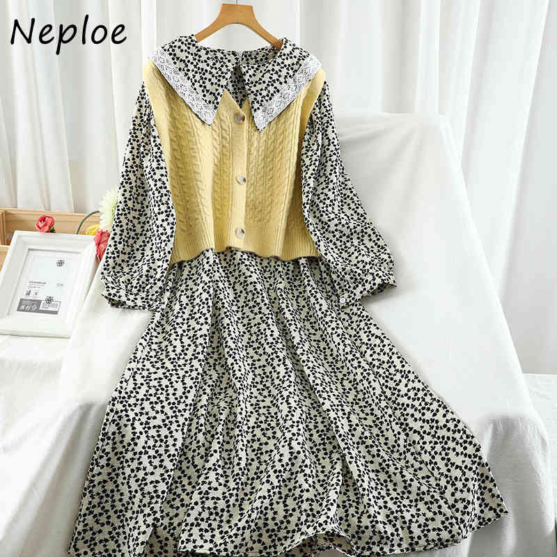 Neploe Vintage Suit Peter Pea Collar Chic Floral Print Dress Single Breasted Knitted Vest Preppy Style 2 Piece Set 94491 210422