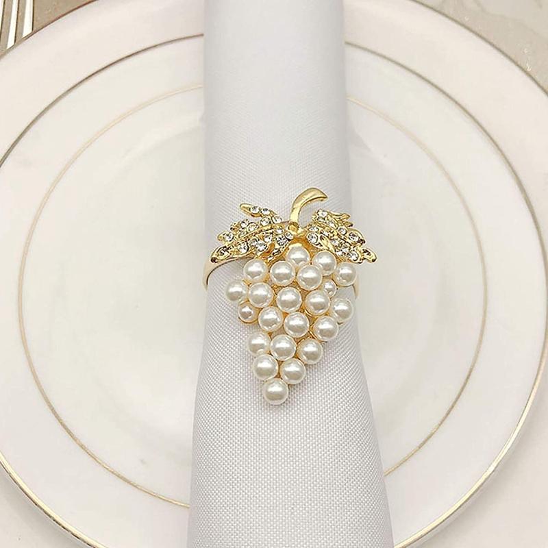 Napkin Rings Grapes Set Of 6, With Glittering Imitation Diamond And Pearls Inlay Alloy Ring Holder