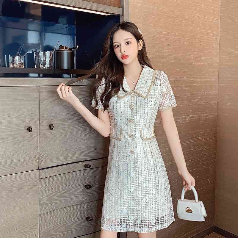 Fashion Women Summer Dress Female Short Sleeve Vintage Lace Hollow Out Peter Pan Collar Sweet Dresses Vestidos 210520