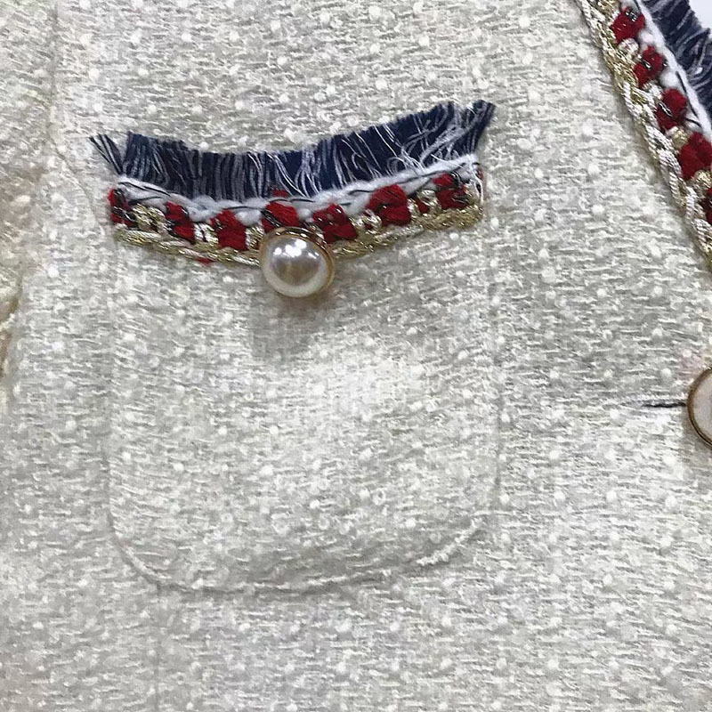VintageTassel Tweed Jacket Coat Women Pearls Button Elegant White Jackets Pocket Loose Vintage Plaid Outwear Chic 210421